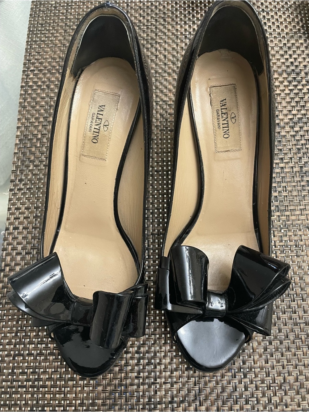 Valentino Garavani Black Patent Bow Peep-Toe Pumps